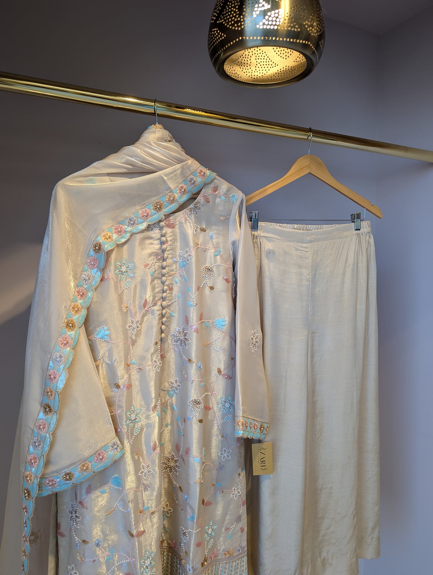 Soft Beige Satin and Beaded Kurti