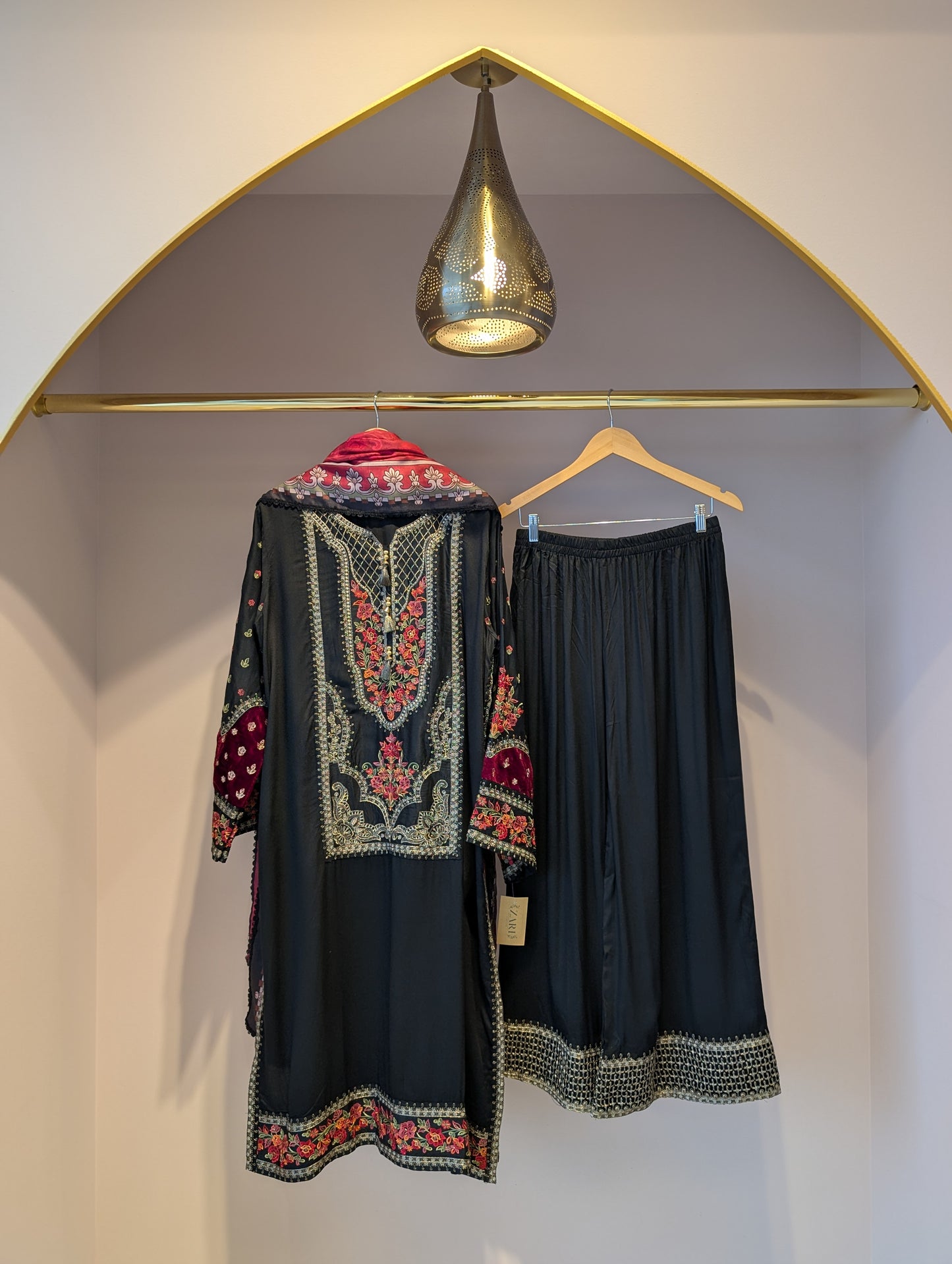 Black and Red Cotton Kurti Set