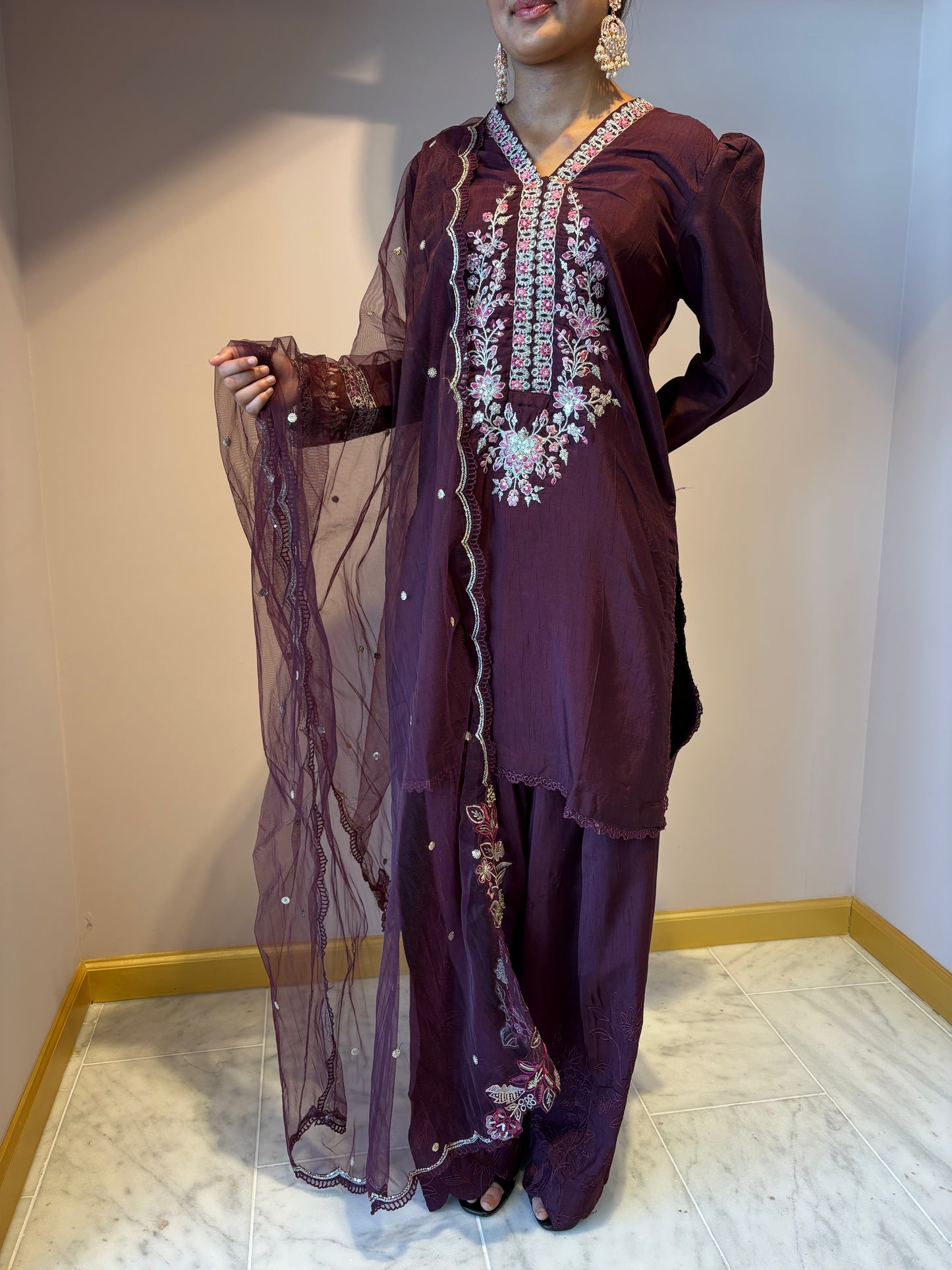 Deep Purple Embroidered Kurti Set