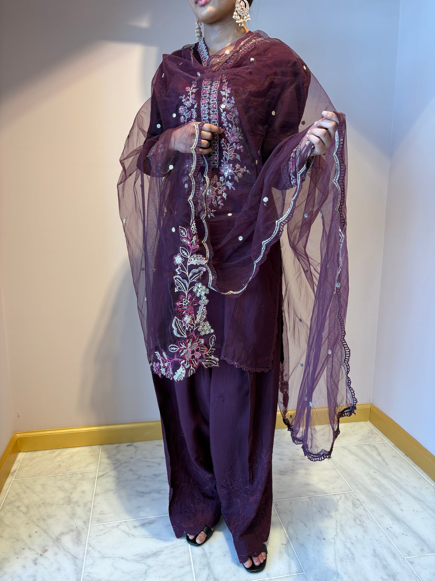 Deep Purple Embroidered Kurti Set