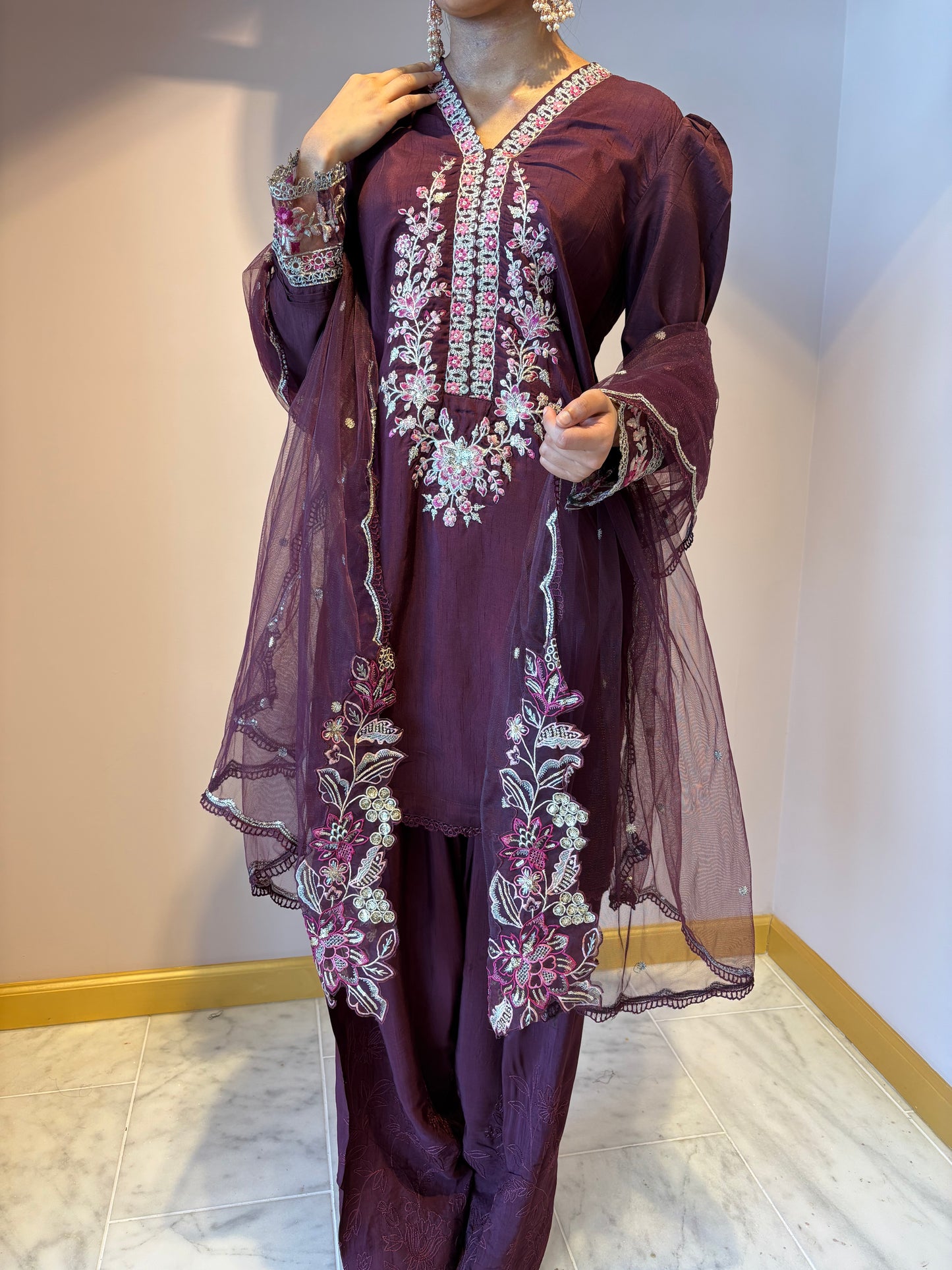 Deep Purple Embroidered Kurti Set