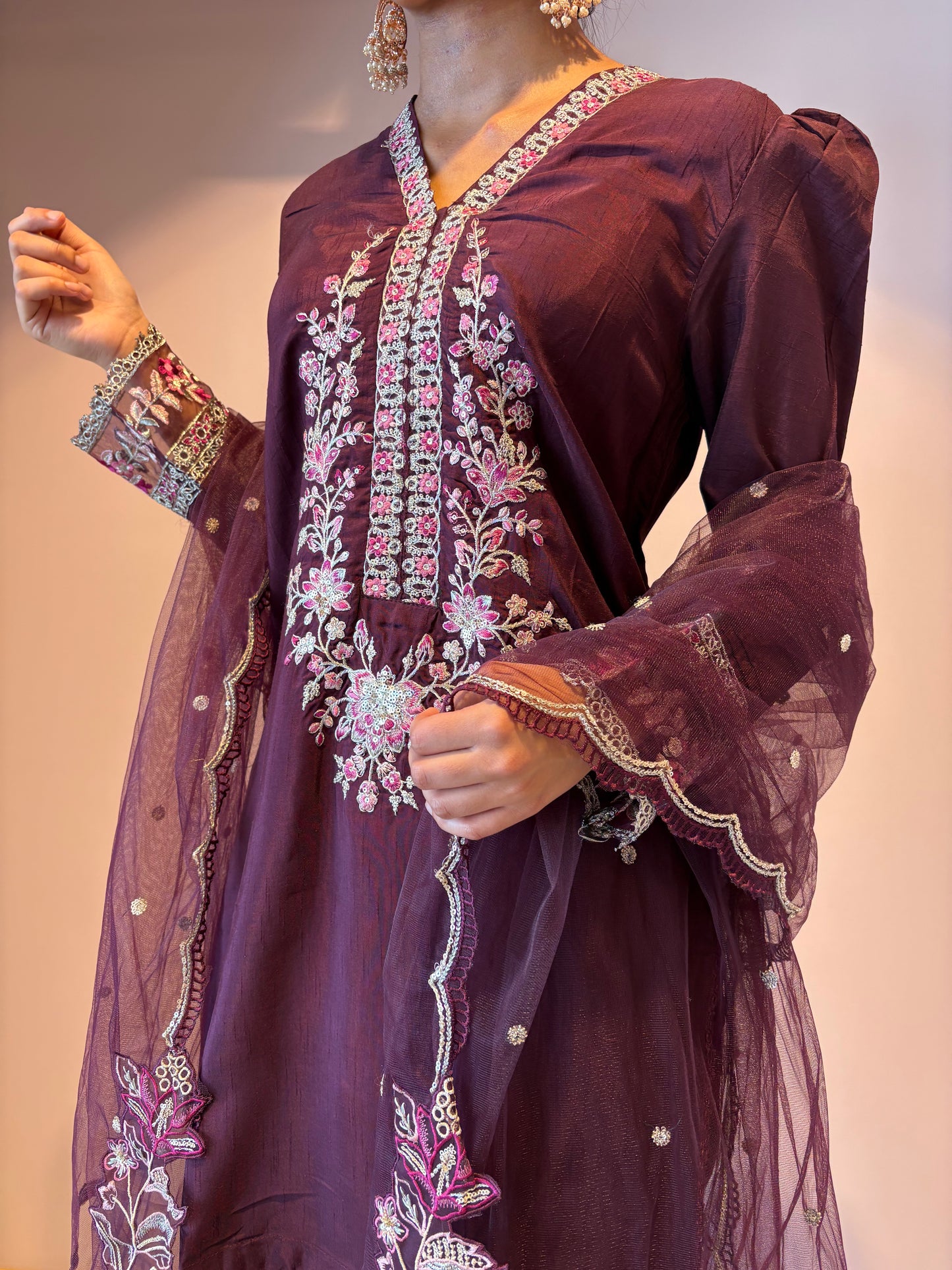 Deep Purple Embroidered Kurti Set