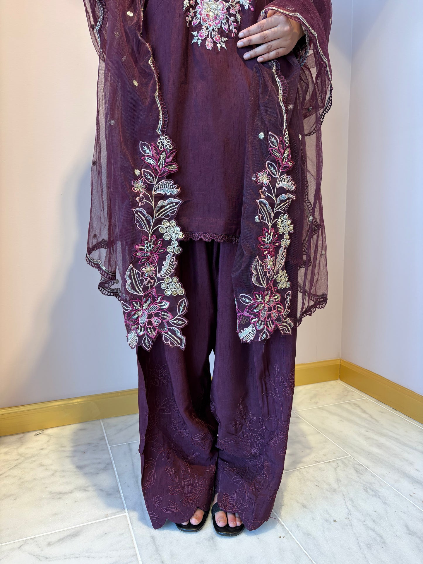 Deep Purple Embroidered Kurti Set
