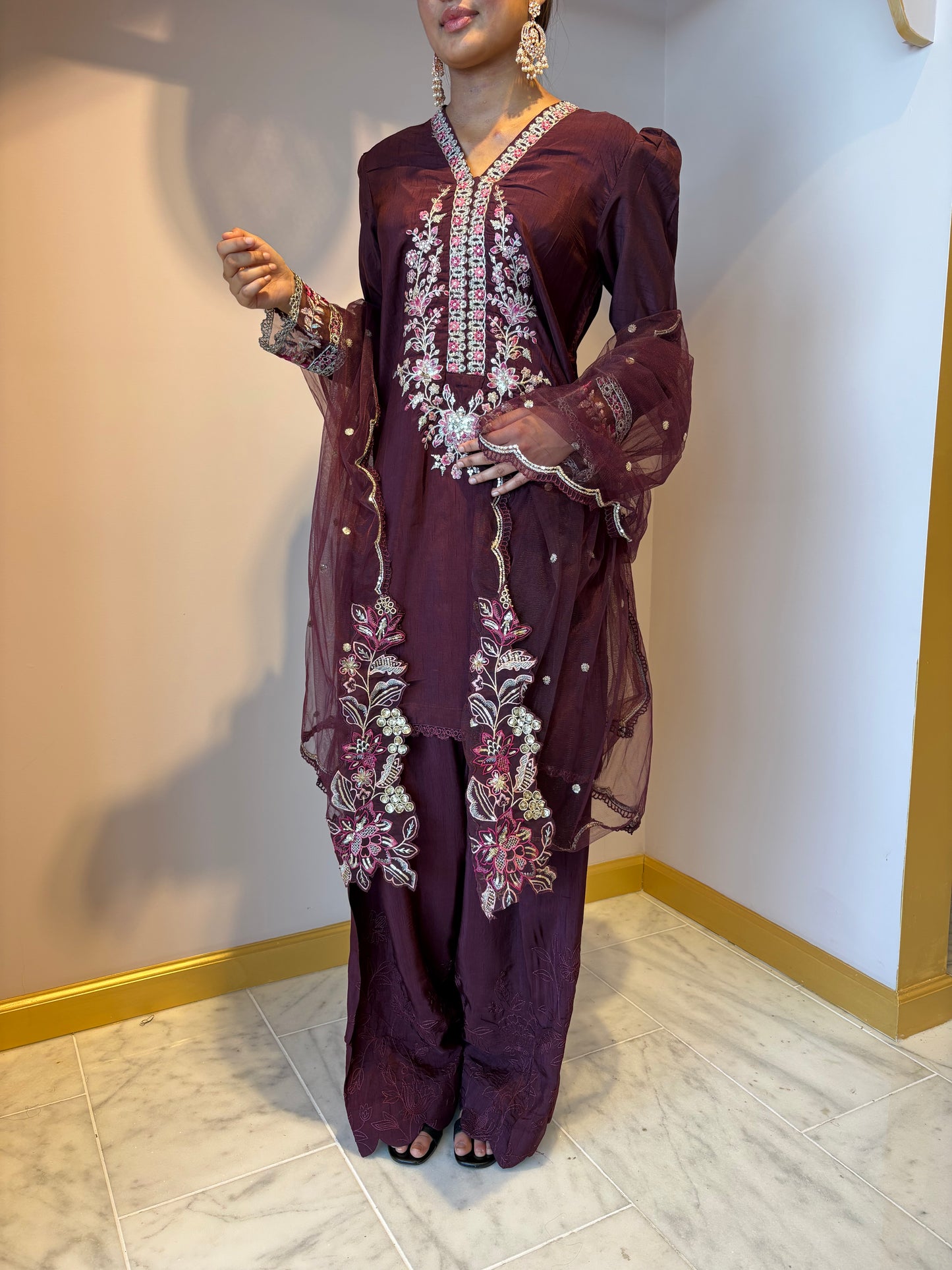 Deep Purple Embroidered Kurti Set