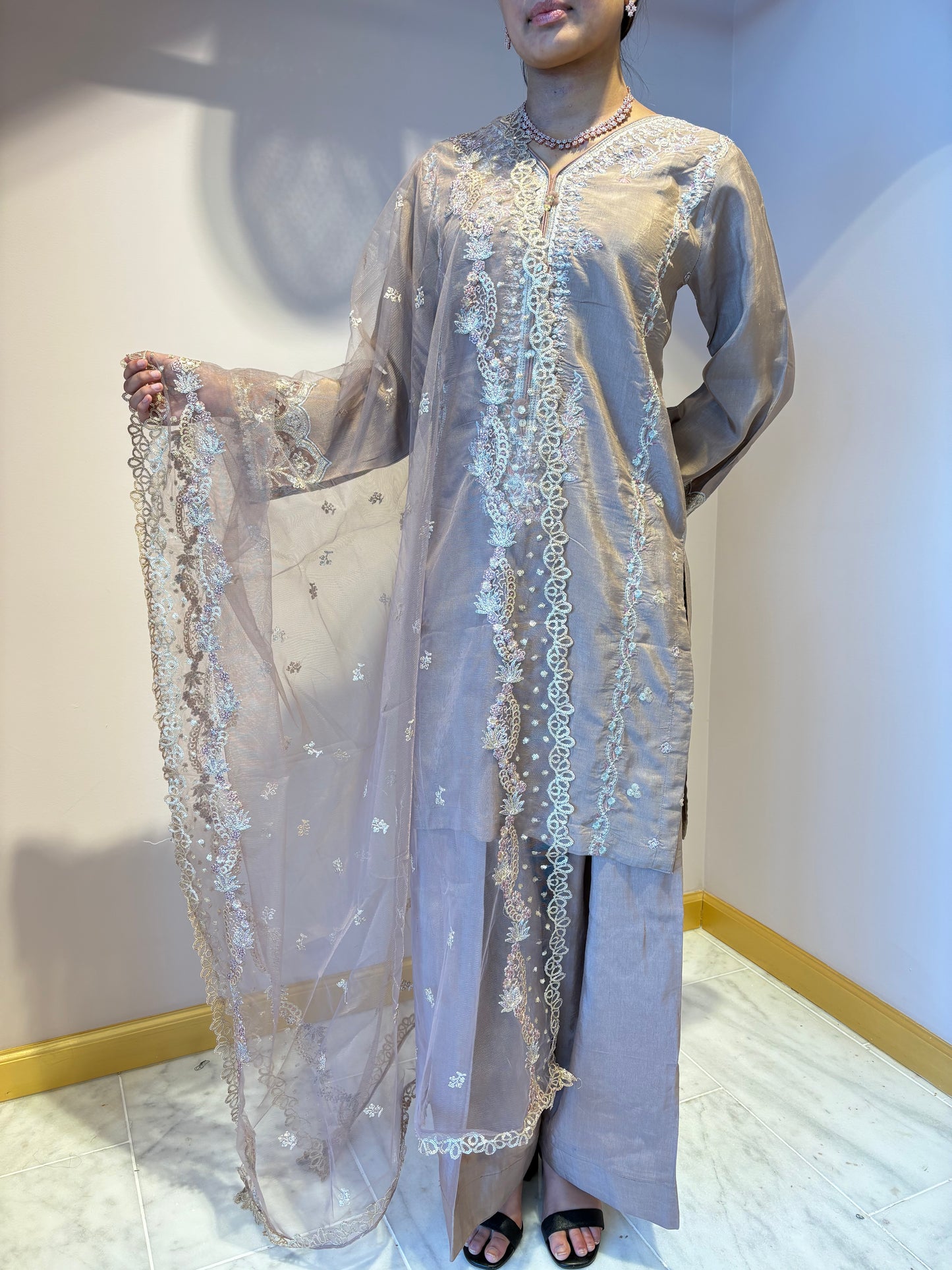 Beige Embroidered Kurti Set