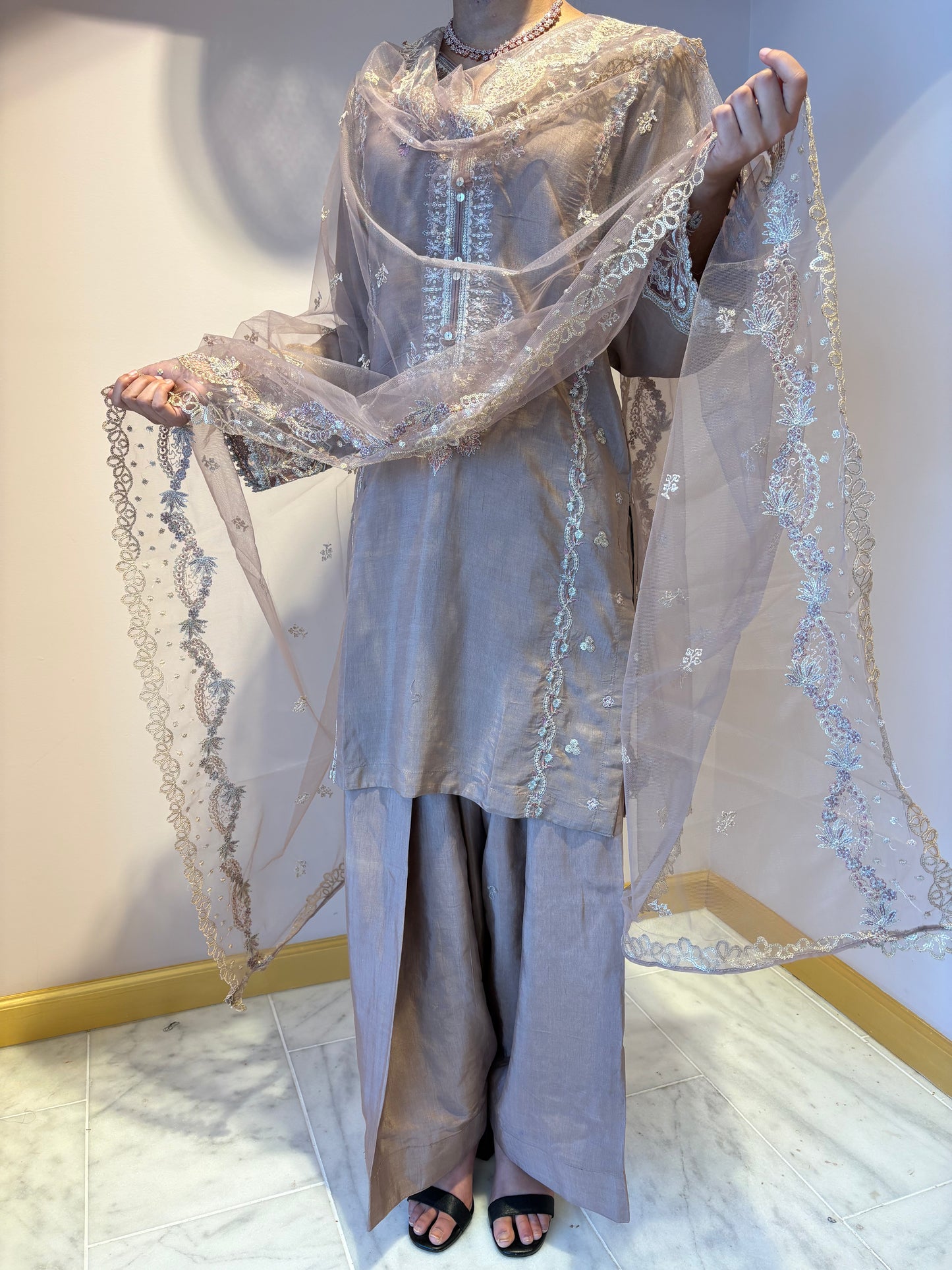 Beige Embroidered Kurti Set