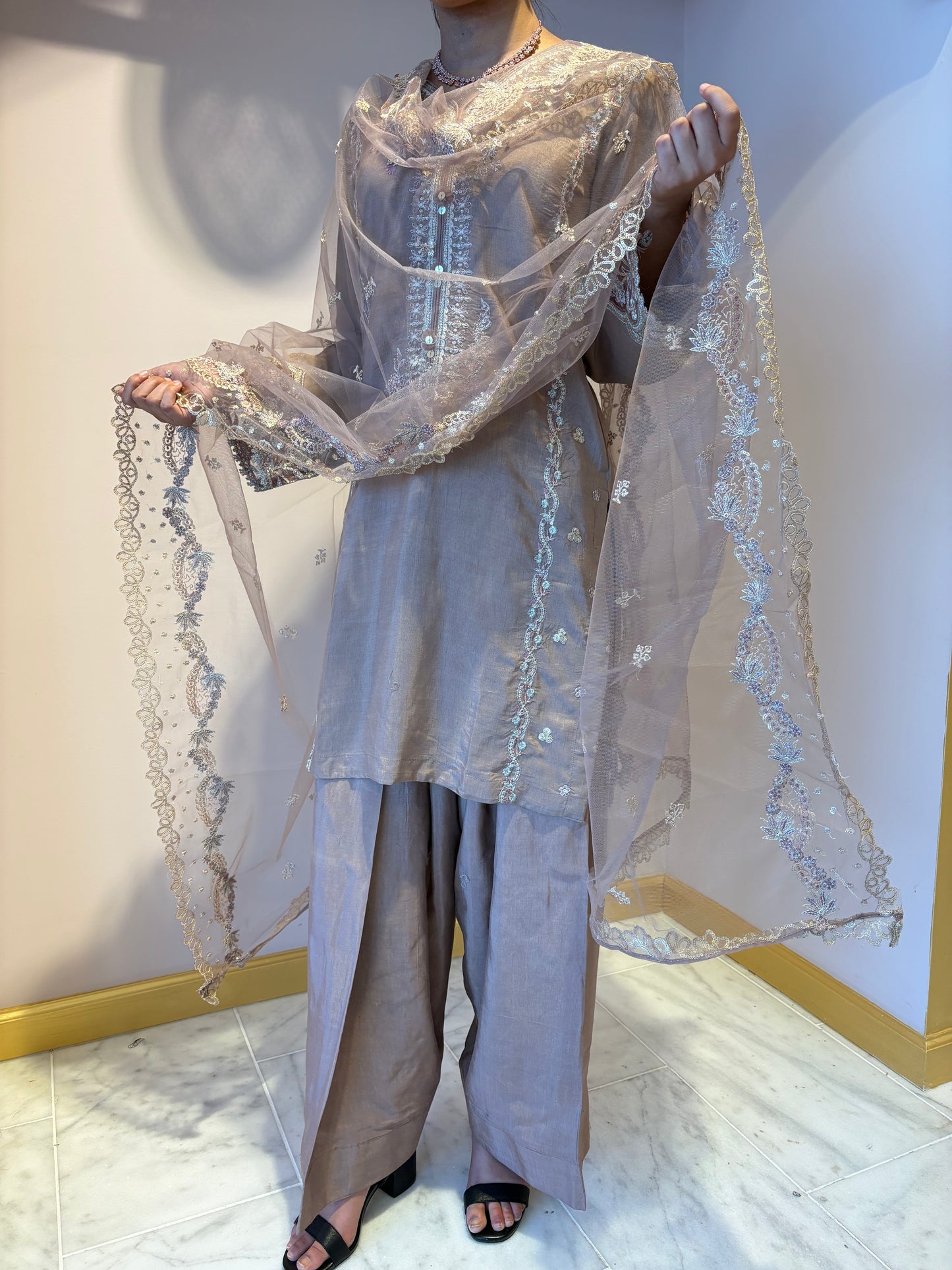 Beige Embroidered Kurti Set