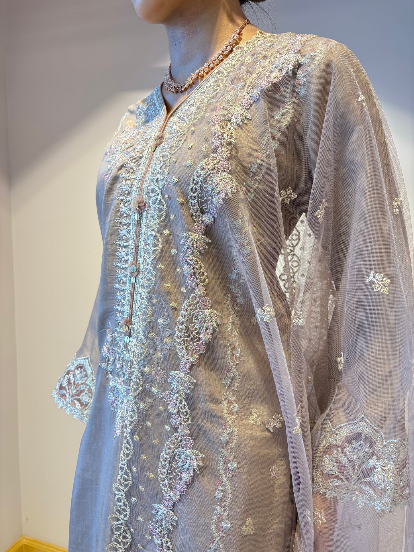 Beige Embroidered Kurti Set