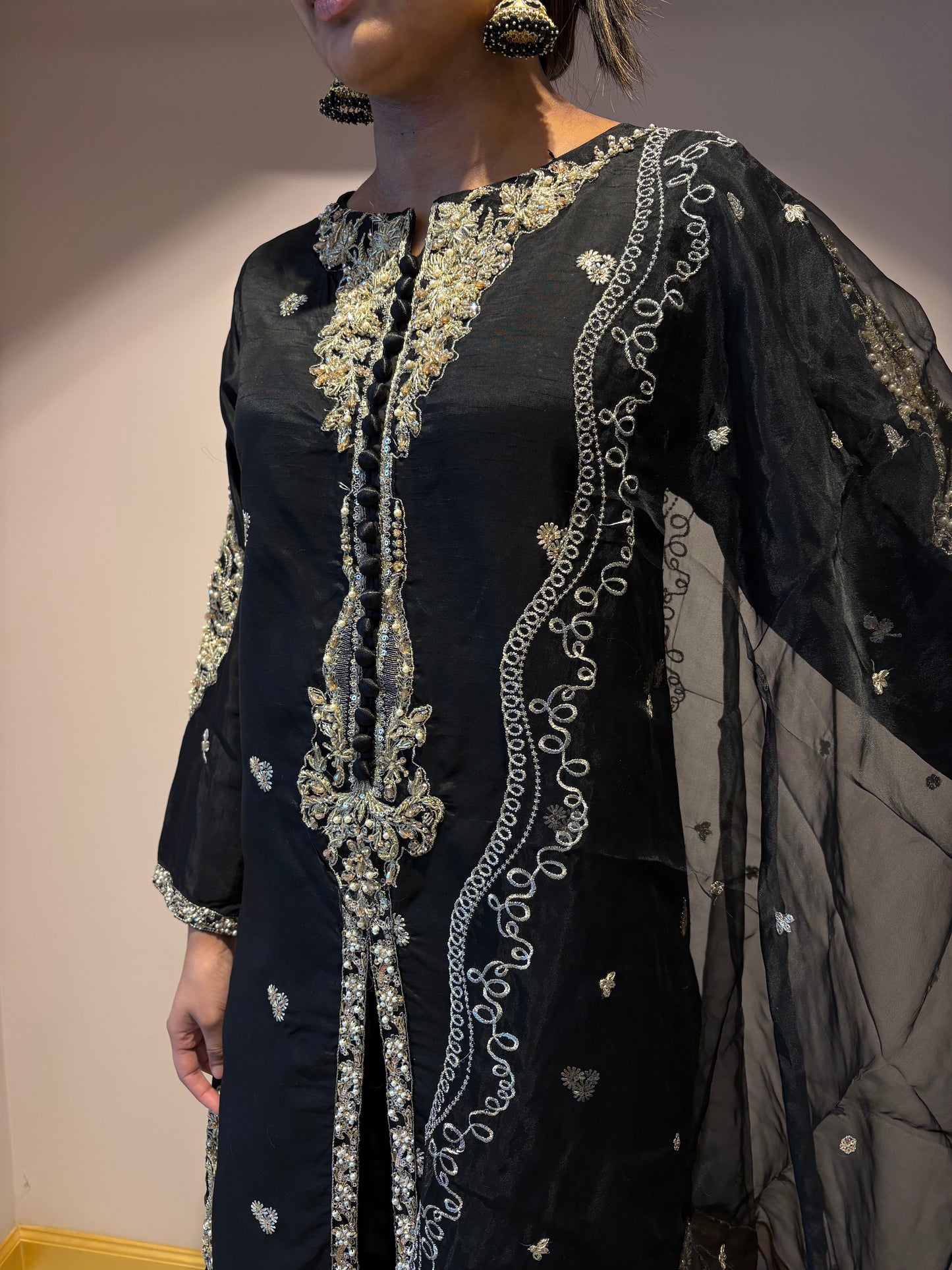 Black Long Kurti with Gold Embroidery