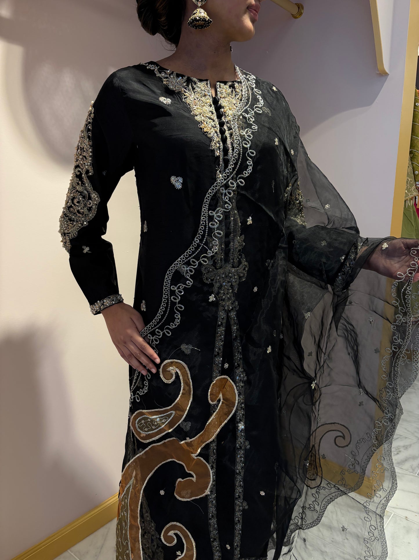 Black Long Kurti with Gold Embroidery