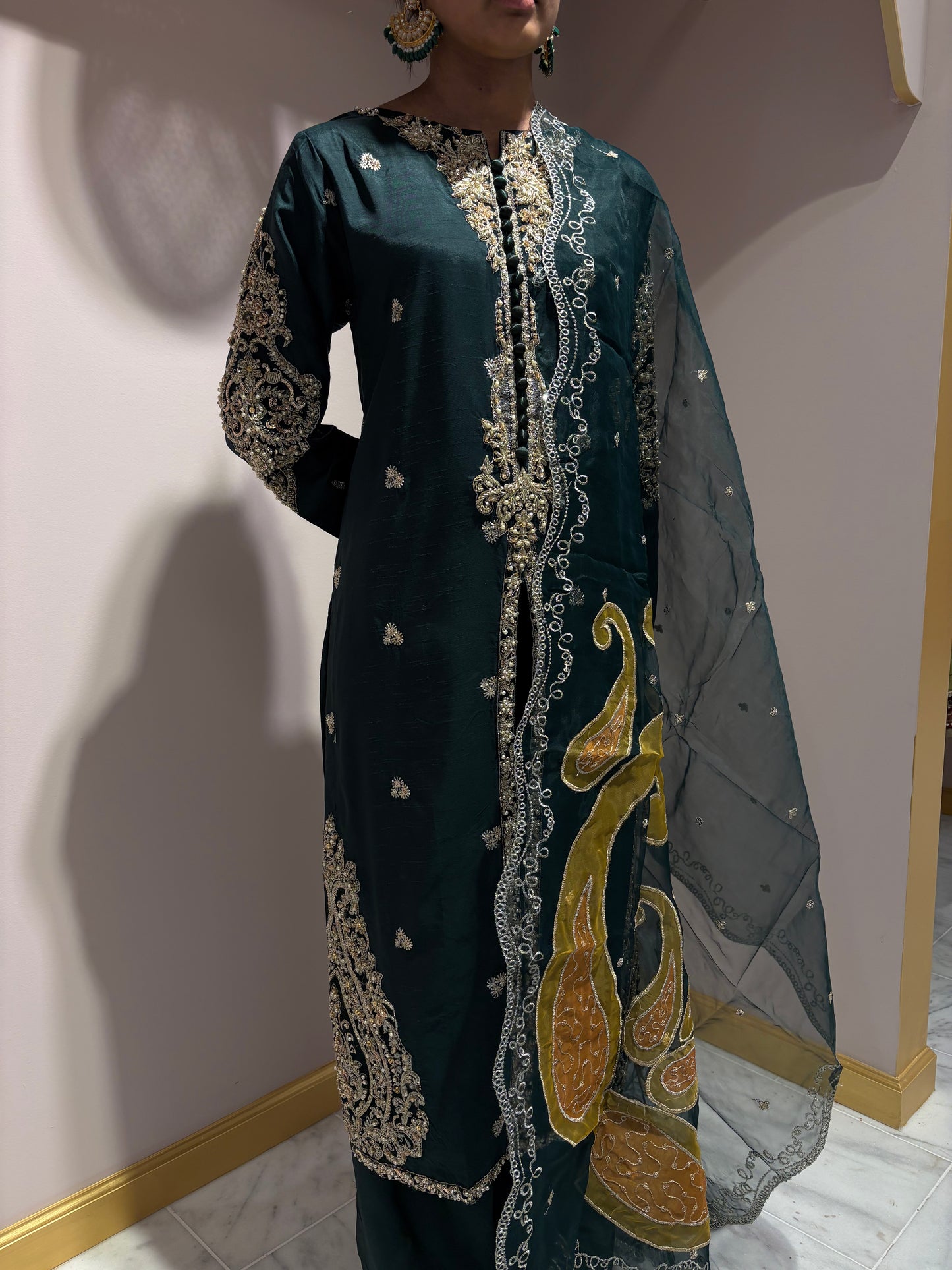 Emerald Green Kurti with Gold Embroidery