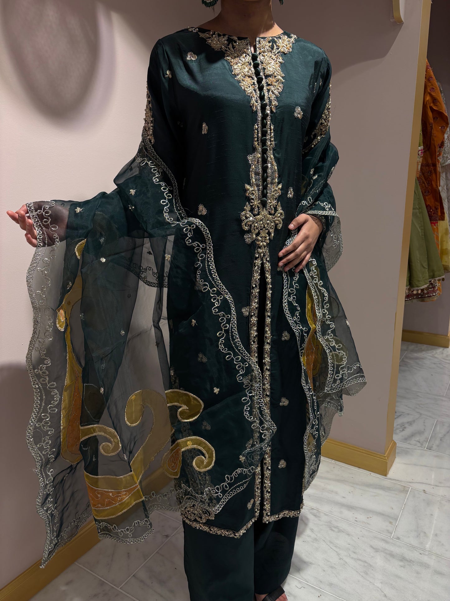 Emerald Green Kurti with Gold Embroidery