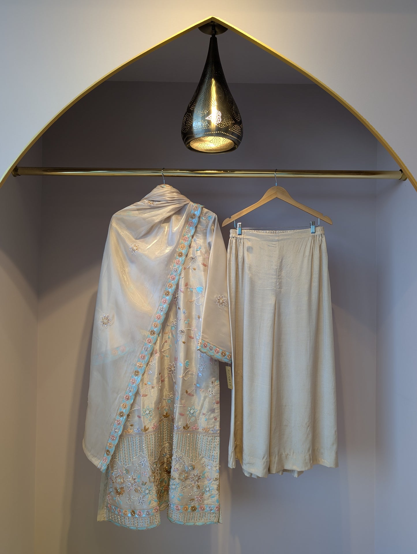 Soft Beige Satin and Beaded Kurti