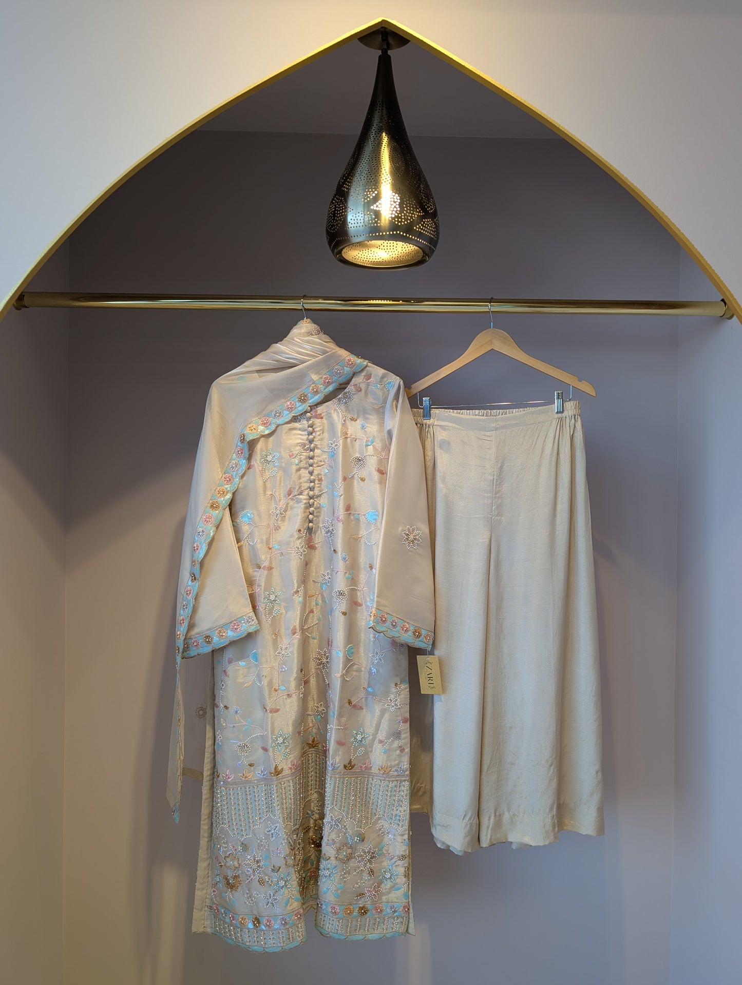 Soft Beige Satin and Beaded Kurti