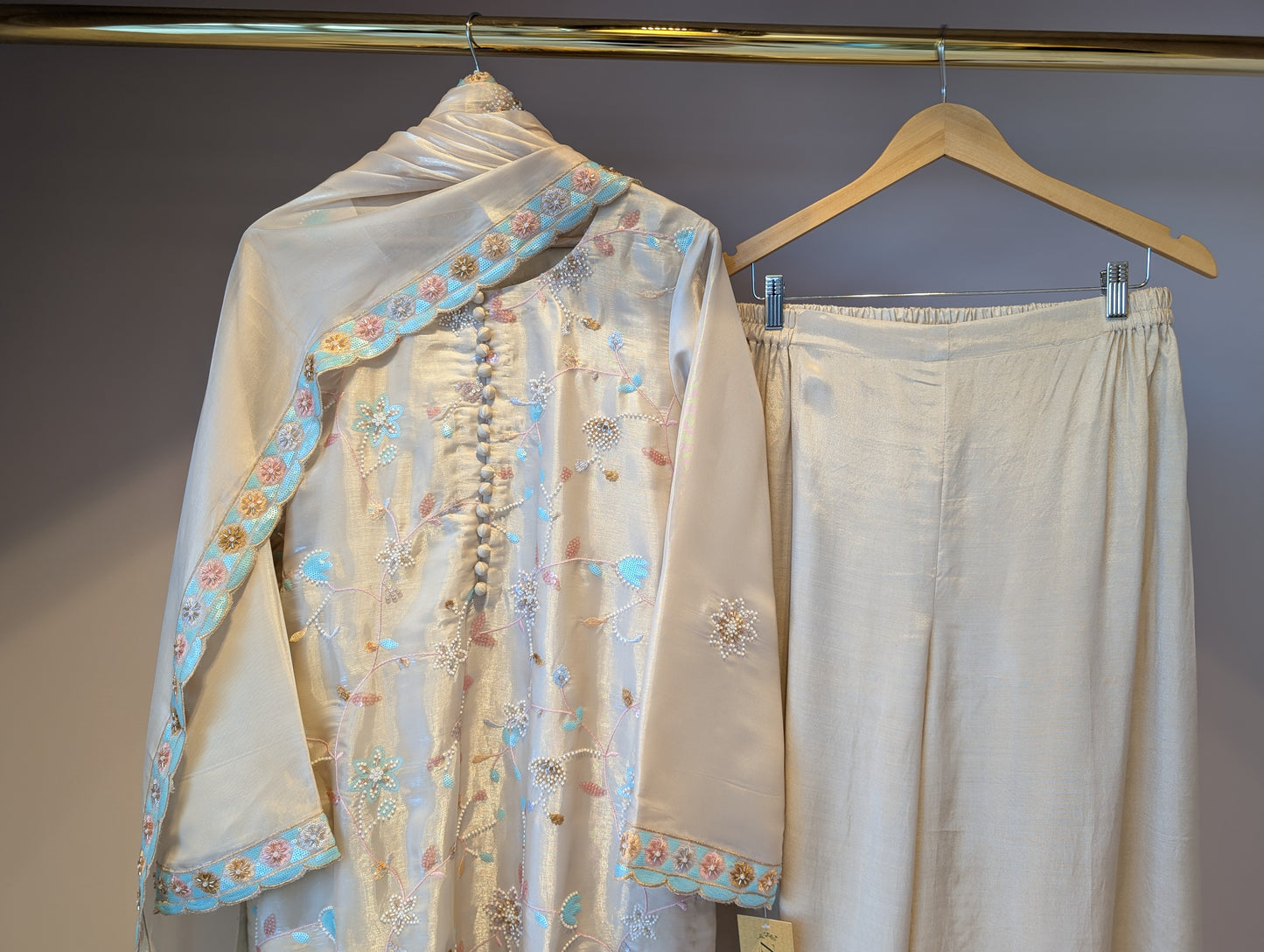 Soft Beige Satin and Beaded Kurti