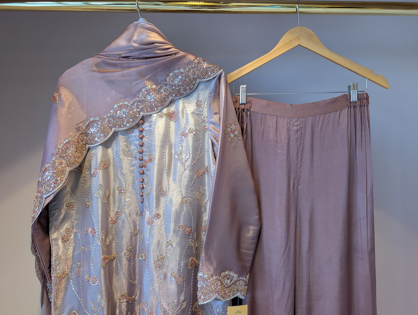 Mauve Satin Embroidered Kurti