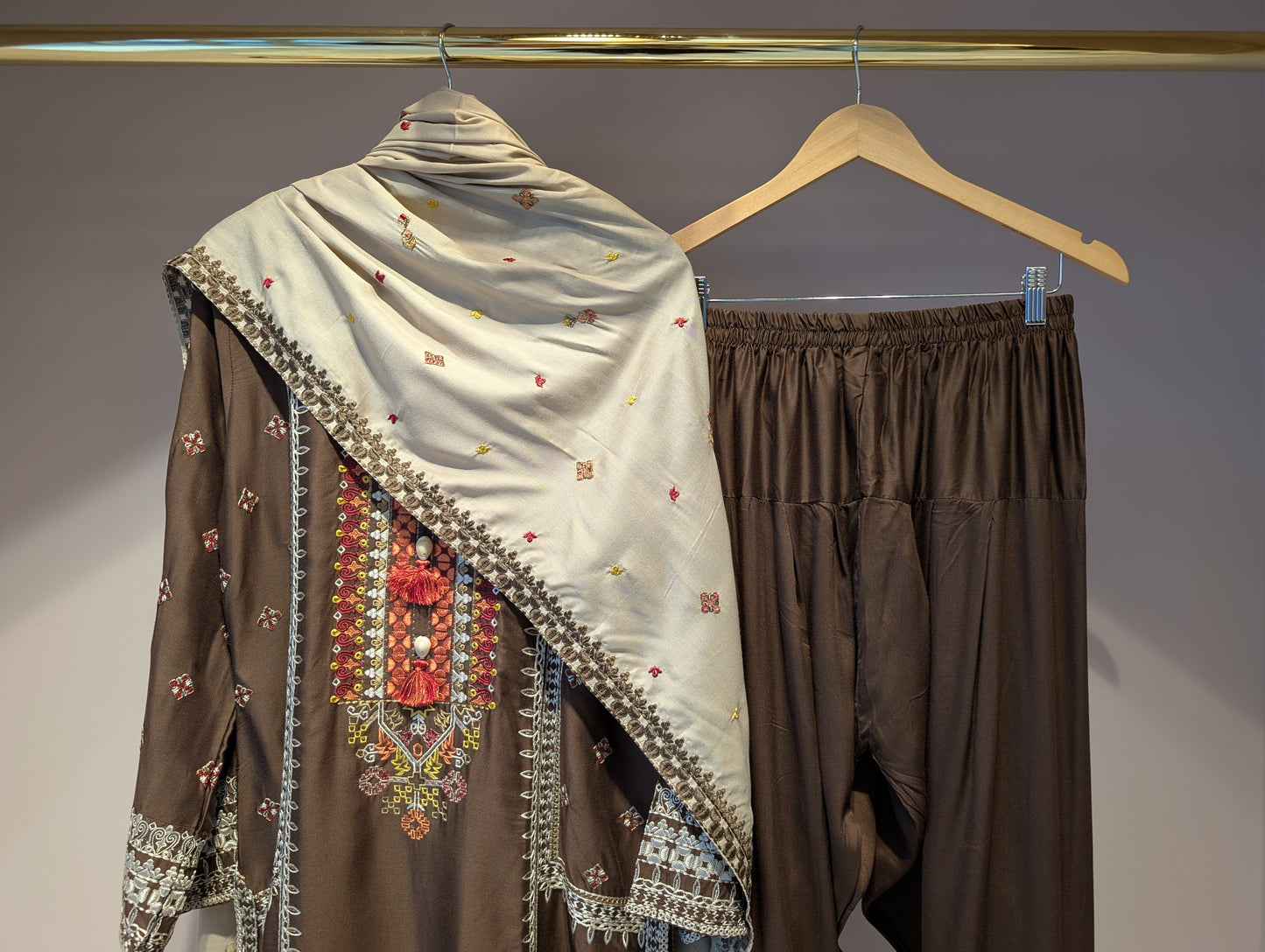 Brown Cotton Kurti Set