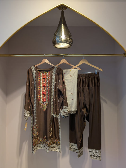 Brown Cotton Kurti Set
